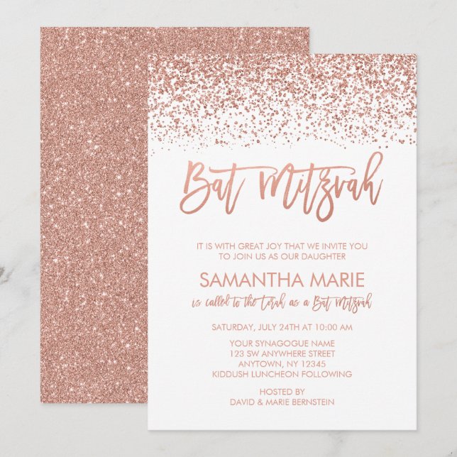 Modern Rose Gold Faux Glitter Bat Mitzvah Invitation (Front/Back)