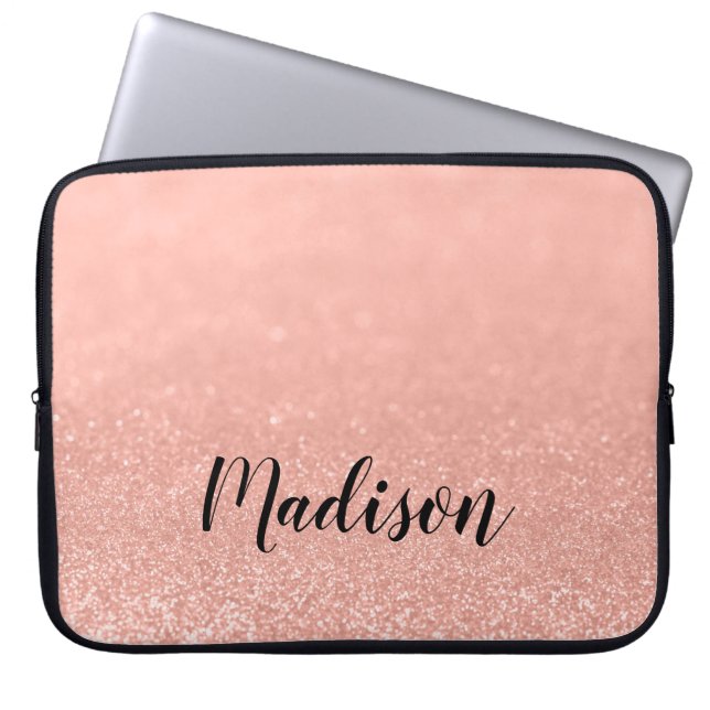 Modern Rose Gold Faux Glitter Personalized Laptop Sleeve (Front)