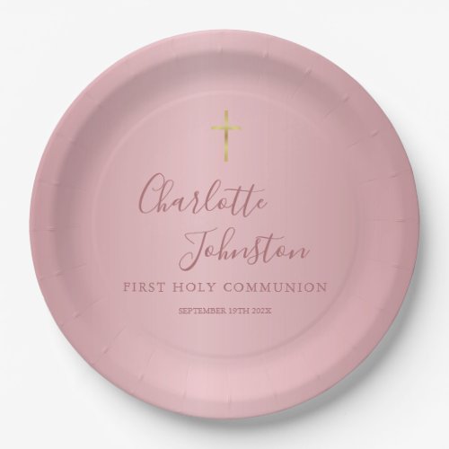 Modern Rose Gold First Holy Communion Paper Plates