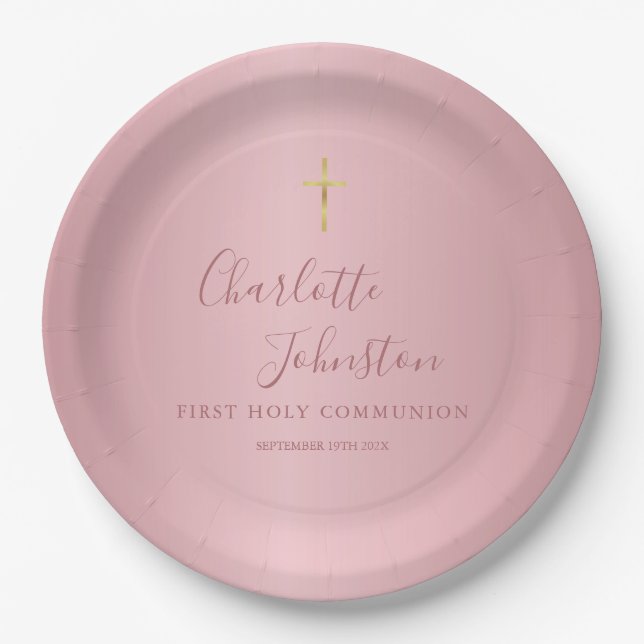 Modern Rose Gold First Holy Communion Paper Plates (Front)