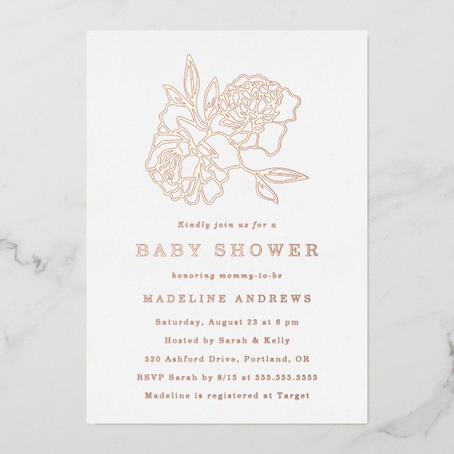 Modern Rose Gold Floral Baby Shower Foil Invitation (Front)