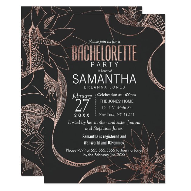Modern Rose Gold Floral Drawing Bachelorette Party Invitation