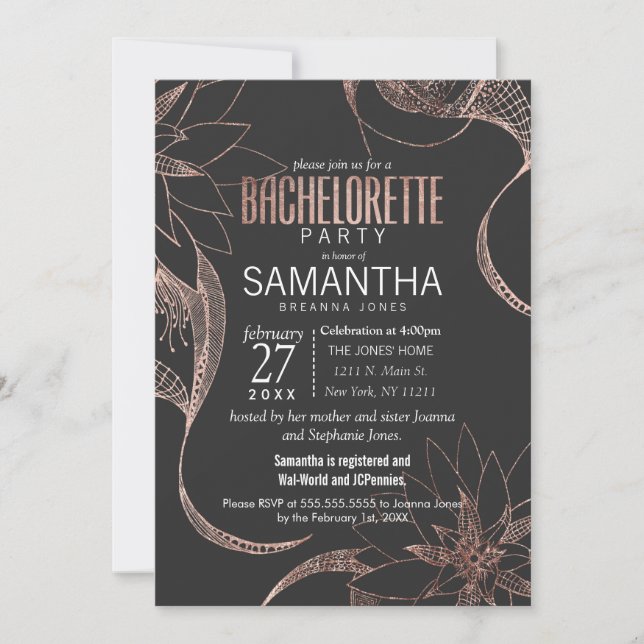 Modern Rose Gold Floral Drawing Bachelorette Party Invitation (Front)