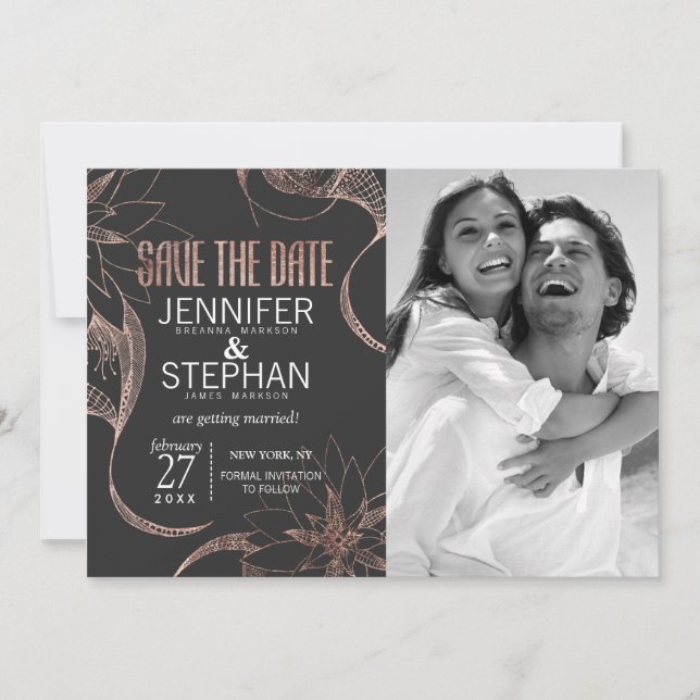 Modern Rose Gold Floral Drawings Save the Dates Date (Front)