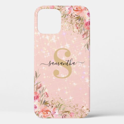 Modern Rose Gold Floral Monogram Name iPhone 12 Case - Elegant monogram iphone 12 case featuring a pink sparkle effect background, girly watercolor florals, faux gold glitter, your name, and initial.
