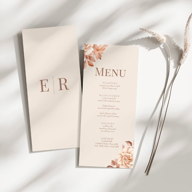 Modern Rose Gold Floral Monogram Wedding Menu Card (Modern Rose Gold Floral Monogram Wedding Menu Card on a sunny white table.)