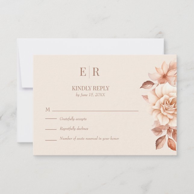Modern Rose Gold Floral Monogram Wedding RSVP Card (Front)
