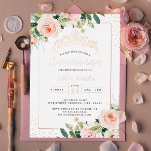 Modern Rose Gold Floral Quinceanera Foil Invitation