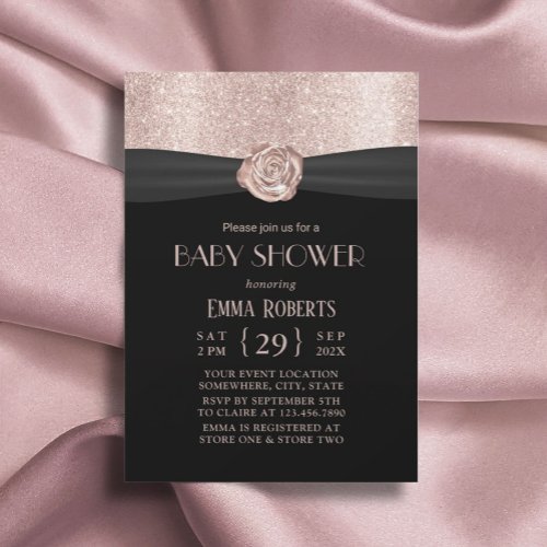 Modern Rose Gold Floral Ribbon Luxury Baby Shower Invitation