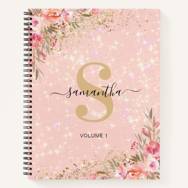 Modern Rose Gold Floral Sketchbook Name Notebook (Front)