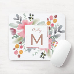 Modern rose gold floral watercolor monogrammed mouse pad