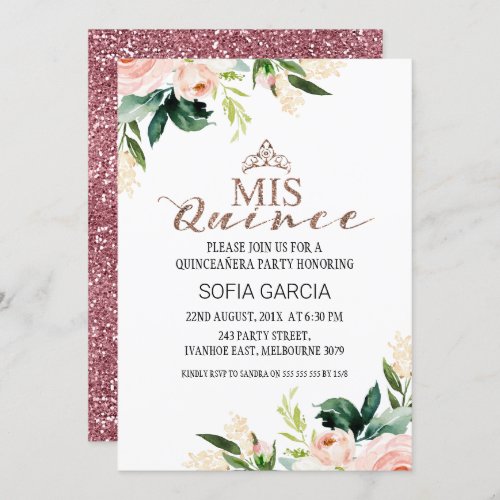 Modern Rose Gold Floral Watercolor Quinceaera Invitation