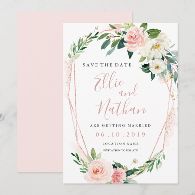 Modern Rose Gold Floral Wreath Save The Date Invitation (Front/Back)