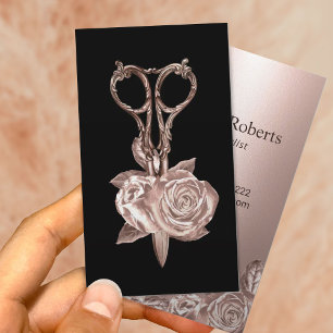 Modern Rose Gold Flower & Scissor Beauty Salon Business Card