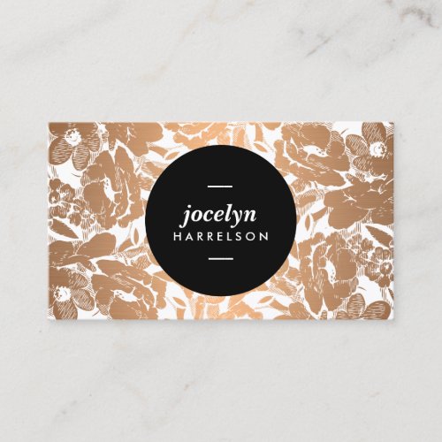 Modern Copper Flowers Black Circle Business Card
