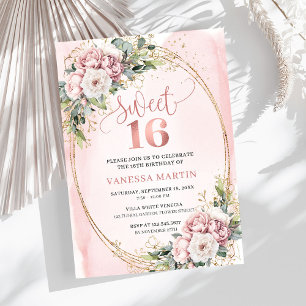 Modern Rose Gold Flowers Eucalyptus 16th Birthday Invitation
