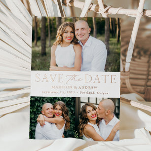 Modern Rose Gold Foil 3 Photo Save the Date Invitation
