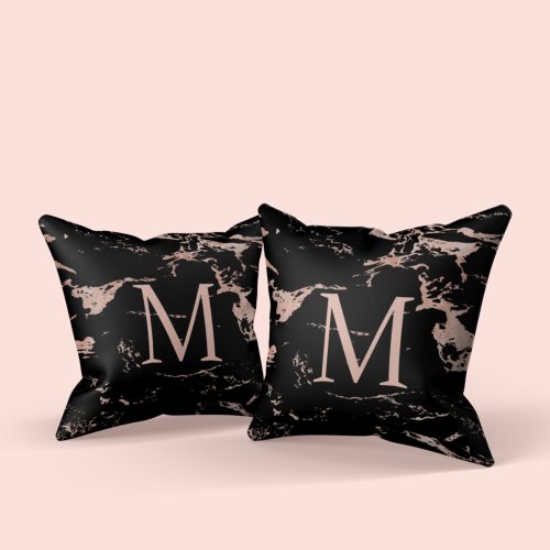 Modern Rose Gold Foil Black Marble Monogram Throw Pillow