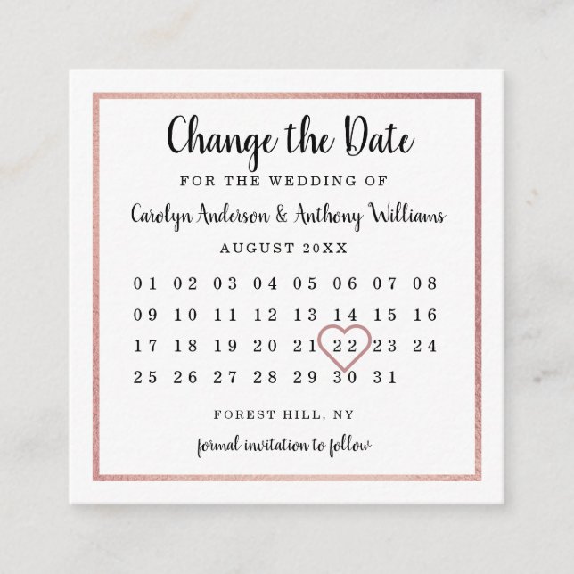 Modern Rose Gold Foil Calendar Change The Date Enclosure Card (Front)