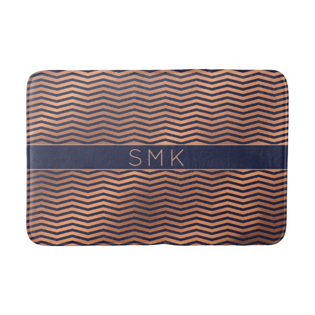 Modern Rose Gold Foil Chevron Navy Blue Monogram Bath Mat (Front)