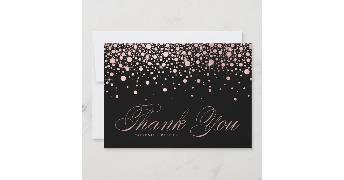 Modern Rose Gold Foil Confetti Drops Black Wedding Thank You Card | Zazzle