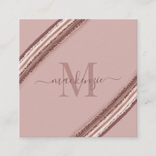 Modern Rose Gold Foil Copper Brush Monogram Square Business Card