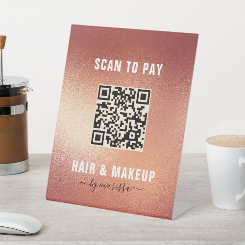 Modern Rose Gold Foil Hair  Makeup Scan to Pay Pedestal Sign
