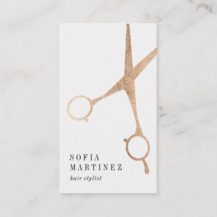 Modern rose gold foil hair stylist scissors logo business card