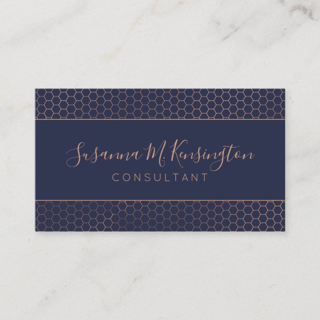 Modern Rose Gold Foil Navy Blue Geometric Business Card (Front)