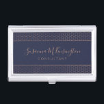 Modern Rose Gold Foil Navy Blue Geometric Business Card Case<br><div class="desc">Modern Minimalist Rose Gold Foil Navy Blue Hexagon Business Card Case with a stylish copper rose gold hexagon pattern on an elegant navy blue. Easy to customize with text, fonts, and colors. Created by Zazzle pro designer BK Thompson © exclusively for Cedar and String; please contact us if you need...</div>