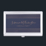 Modern Rose Gold Foil Navy Blue Geometric Business Card Case<br><div class="desc">Modern Minimalist Rose Gold Foil Navy Blue Hexagon Business Card Case with a stylish copper rose gold hexagon pattern on an elegant navy blue. Easy to customize with text, fonts, and colors. Created by Zazzle pro designer BK Thompson © exclusively for Cedar and String; please contact us if you need...</div>