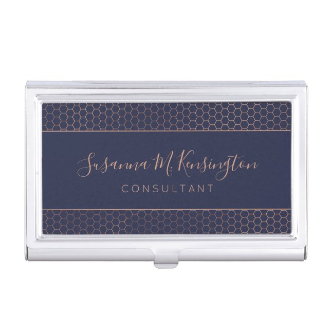 Modern Rose Gold Foil Navy Blue Geometric Business Card Case (Front)