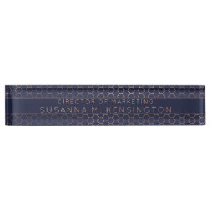 Modern Rose Gold Foil Navy Blue Geometric Hexagon Desk Name Plate
