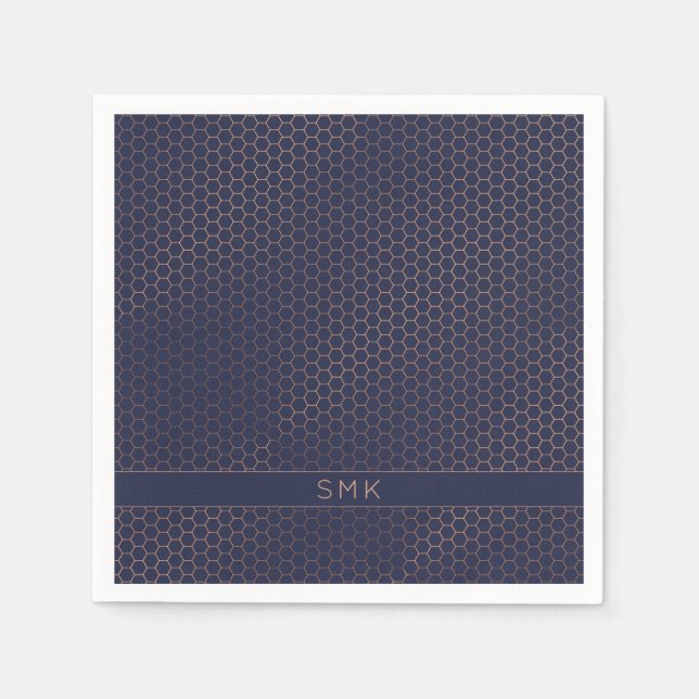 Modern Rose Gold Foil Navy Blue Hexagon Monogram Napkins (Front)