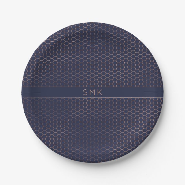Modern Rose Gold Foil Navy Blue Hexagon Monogram Paper Plates (Front)