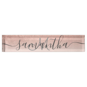 Modern rose gold foil ombre blush pink monogram desk name plate
