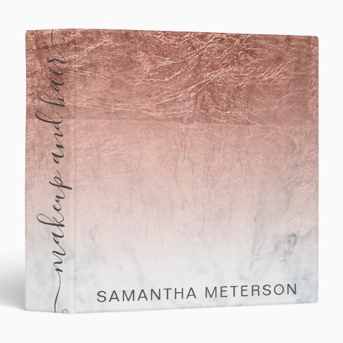 Modern rose gold foil ombre marble makeup hair 3 ring binder