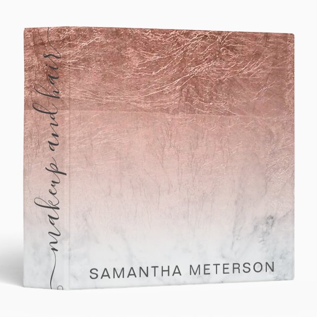 Modern rose gold foil ombre marble makeup hair 3 ring binder (Front/Spine)