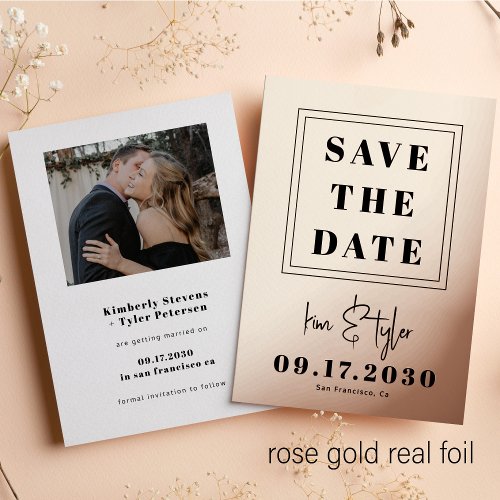 Modern rose gold foil photo wedding save the date foil invitation