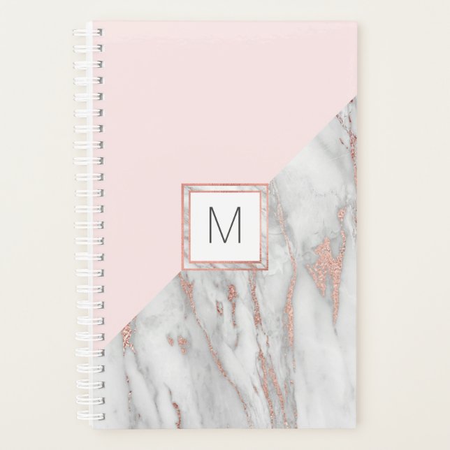 Modern Rose Gold Foil Pink Grey Marble | MONOGRAM Planner (Front)
