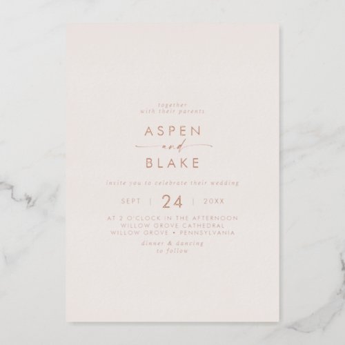 Modern Rose Gold Foil Script Blush Casual Wedding Foil Invitation