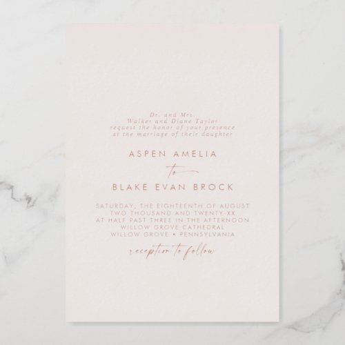 Modern Rose Gold Foil Script Blush Formal Wedding Foil Invitation
