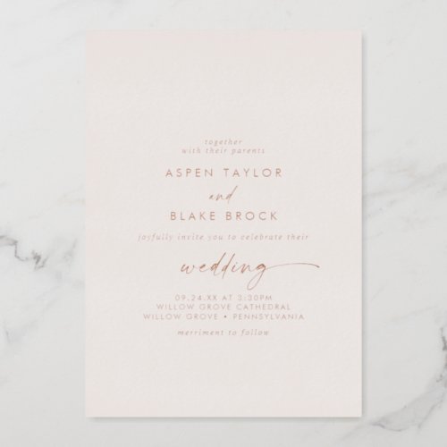 Modern Rose Gold Foil Script  Blush Wedding Foil Invitation