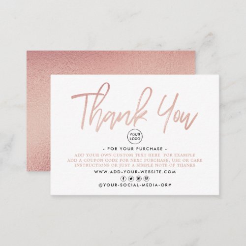 Modern Rose Gold Foil Script Business Thank You Enclosure Card