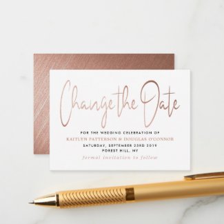 Modern Rose Gold Foil Script Change The Date Enclosure Card