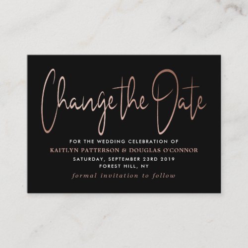 Modern Rose Gold Foil Script Change The Date Enclosure Card