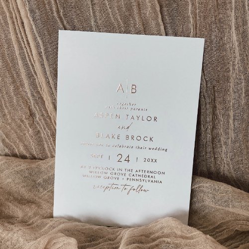 Modern Rose Gold Foil Script Monogram Wedding Foil Invitation