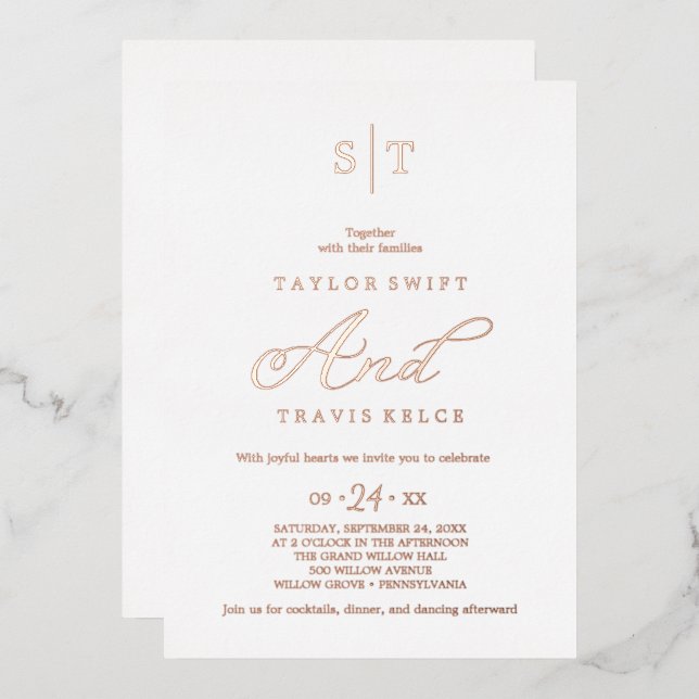 Modern Rose Gold Foil Script Monogram Wedding Invitation (Front/Back)
