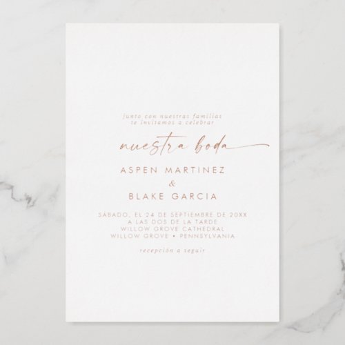Modern Rose Gold Foil Script Nuestra Boda Wedding Foil Invitation