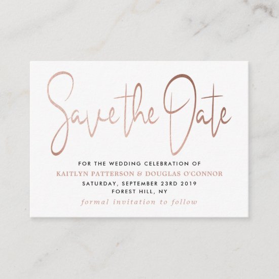 Modern Rose Gold Foil Script Save The Date Enclosure Card